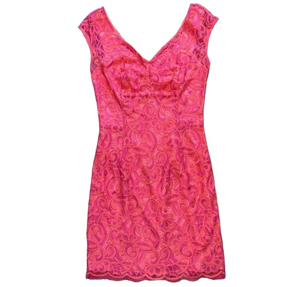 LILLY PULITZER | Rosaline Lace Mini Cocktail Dress | Hot Pink Orange Sheath | 2 - Picture 1 of 12